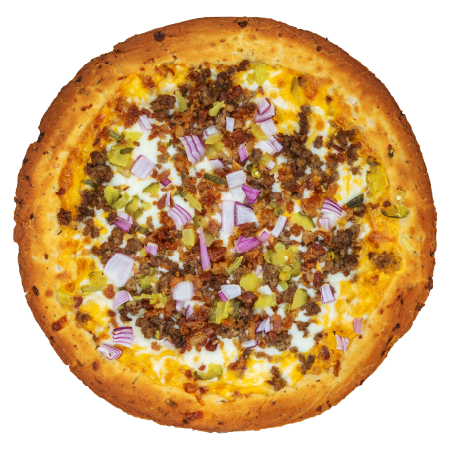 Cheeseburger-style pizza topped with seasoned ground beef, diced pickles, and red onion over melted cheese on a golden crust.