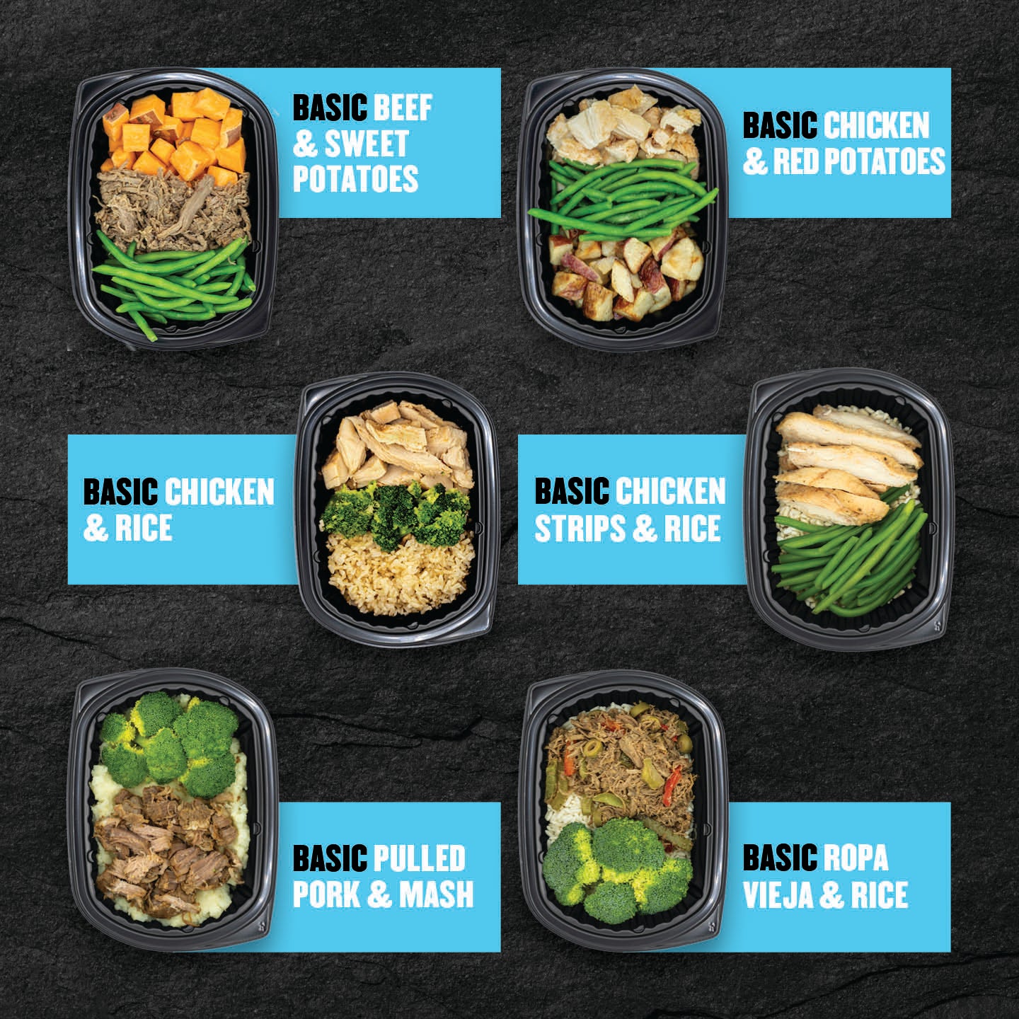 "Six Clean Eatz Kitchen Meal Prep Delivery Entrees — Basic Box (Basic Beef & Sweet Potatoes, Basic Chicken & Red Potatoes, Basic Chicken & Rice, Basic Chicken Strips & Rice, Basic Pulled Pork & Mash, Basic Ropa Vieja & Rice)."
