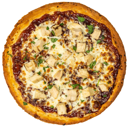Bourbon chicken pizza topped with diced chicken, melted mozzarella, and bourbon-style sauce on a golden crust.