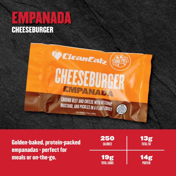 Cheeseburger Empanada — ground beef and cheese with ketchup, mustard, and pickles in a flaky crust; 250 calories, 13g fat, 19g carbs, 14g protein.