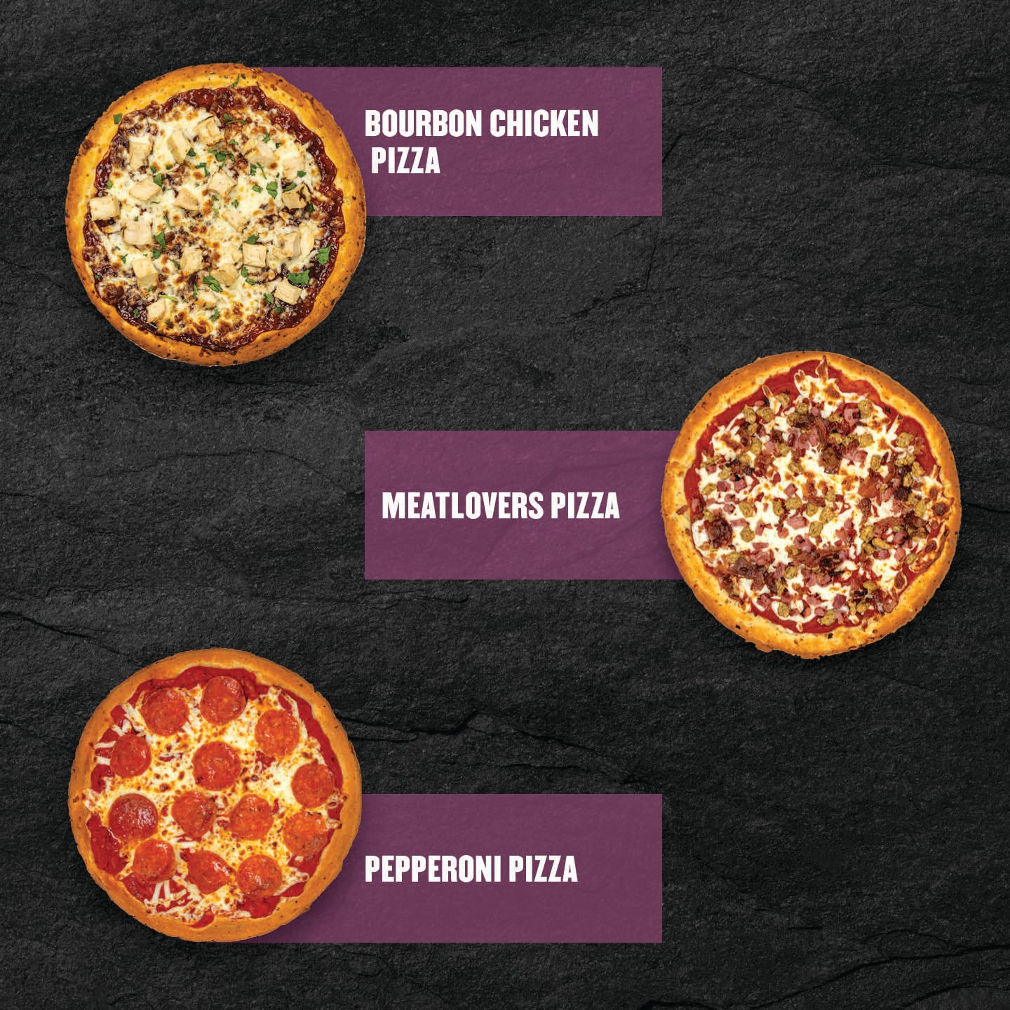 "Three Clean Eatz Kitchen Pizzas (Bourbon Chicken, Meatlovers, Pepperoni)."