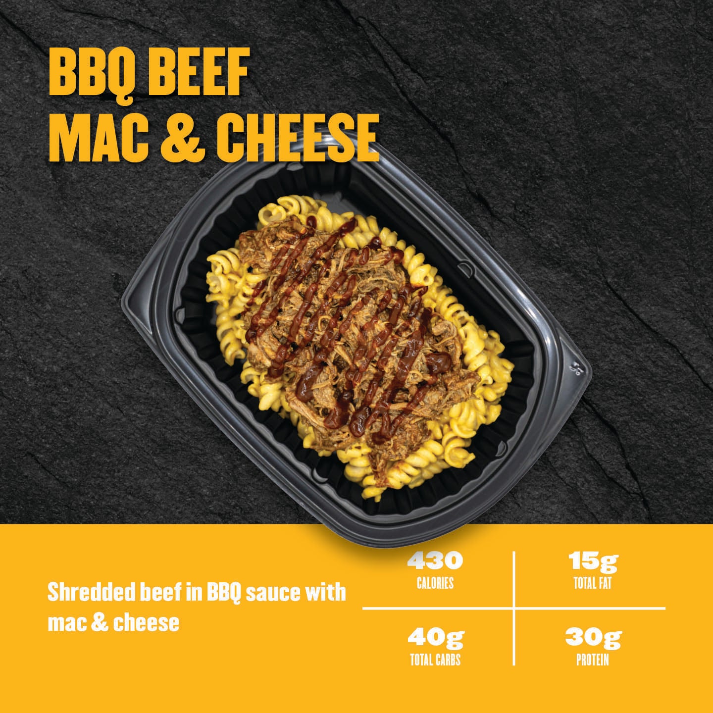 "Clean Eatz Kitchen BBQ Beef Mac & Cheese with shredded beef in BBQ sauce over macaroni and cheese in a meal prep tray — 430 calories, 30g protein."