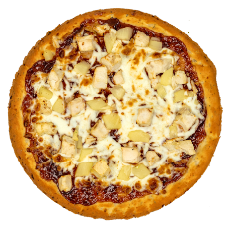BBQ chicken pizza topped with grilled chicken and melted cheese on a barbecue sauce base with a golden crust.