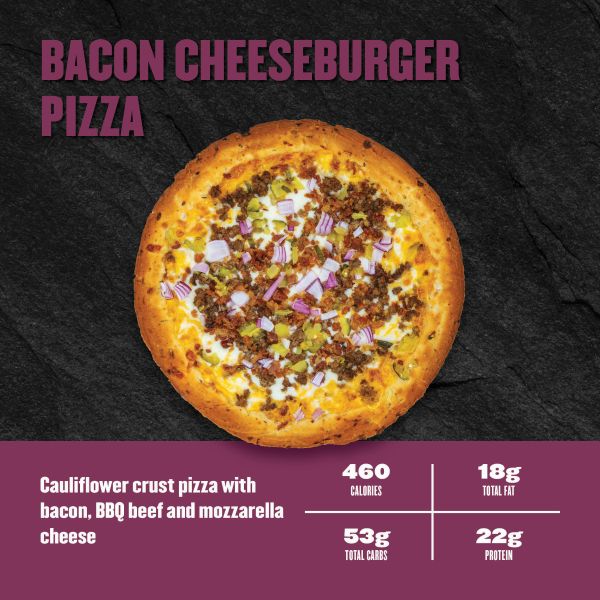 Bacon Cheeseburger Pizza — cauliflower crust pizza with bacon, BBQ beef, and mozzarella cheese; 460 calories, 18g fat, 53g carbs, 22g protein.