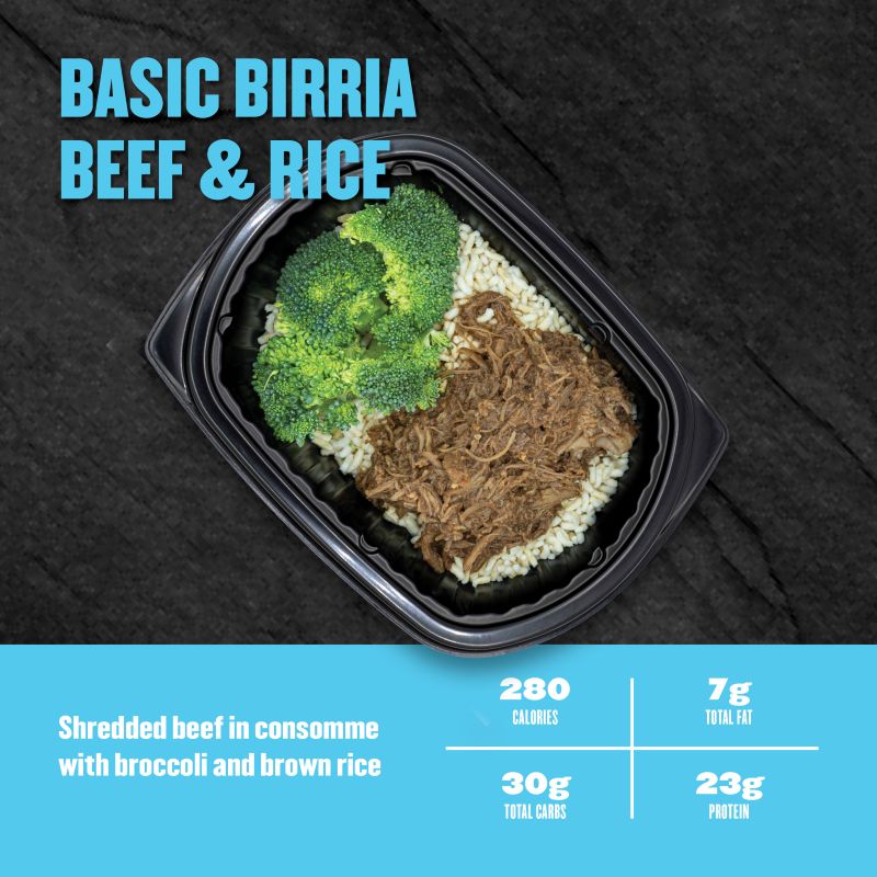 Shredded beef in consommé with broccoli and brown rice; 280 calories, 7g fat, 30g carbs, 23g protein.