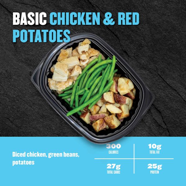 Basic Chicken & Red Potatoes — diced chicken with green beans and red potatoes; 300 calories, 10g fat, 27g carbs, 25g protein.