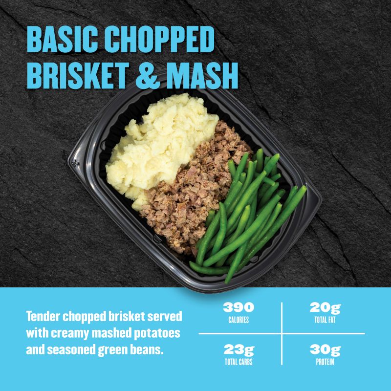 Basic Chopped Brisket & Mash — Clean Eatz Kitchen tender chopped brisket served with creamy mashed potatoes and seasoned green beans; 390 calories, 20g fat, 23g carbs, 30g protein.