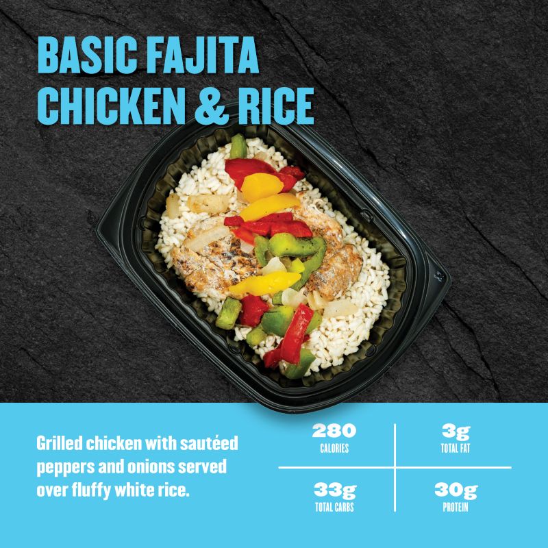 Basic Fajita Chicken & Rice — Clean Eatz Kitchen grilled chicken with sautéed peppers and onions served over fluffy white rice; 280 calories, 3g fat, 33g carbs, 30g protein.