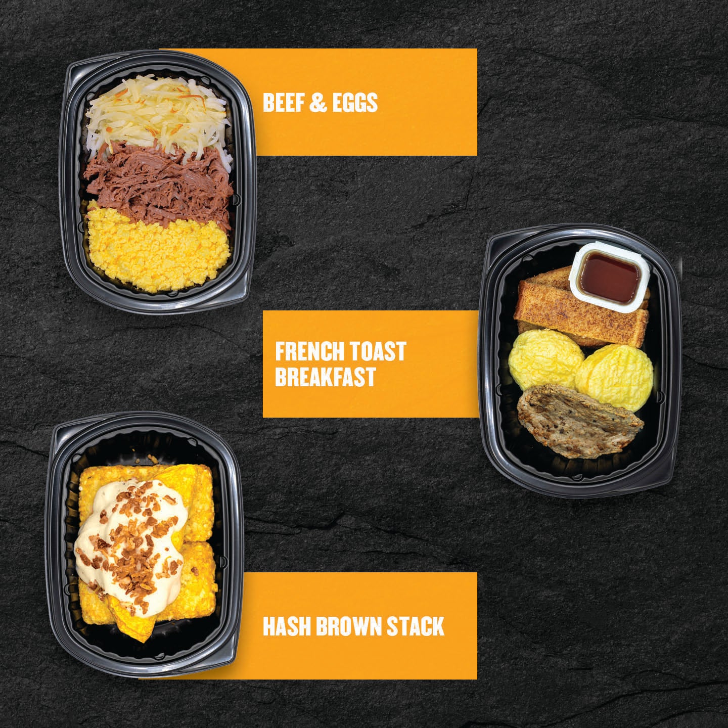 "Three Clean Eatz Kitchen Meal Prep Delivery Entrees — Breakfast Box (Beef & Eggs, French Toast Breakfast, Hashbrown Stack)."