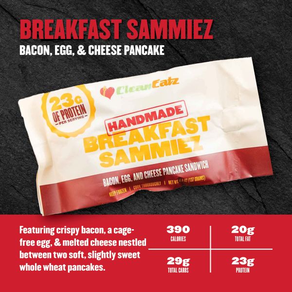 Breakfast Sammiez Bacon, Egg & Cheese Pancake — crispy bacon, cage-free egg, and melted cheese between two whole-wheat pancakes; 390 calories, 20g fat, 29g carbs, 23g protein.