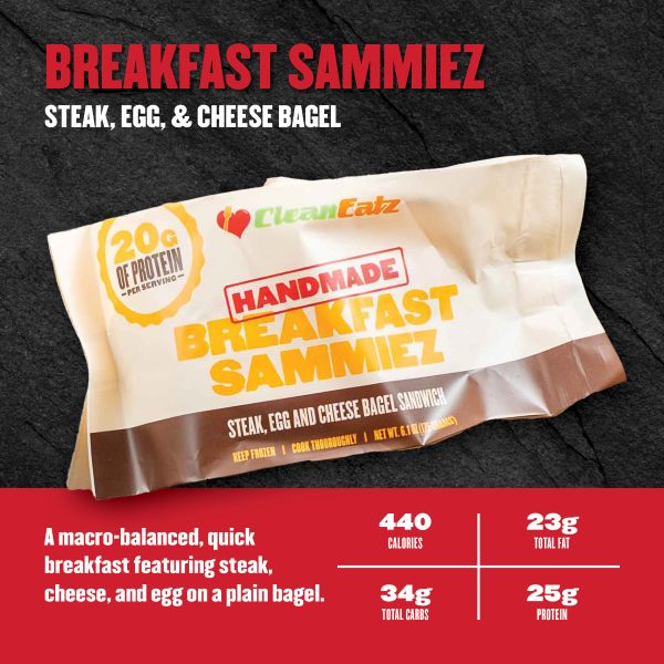 Breakfast Sammiez Steak, Egg & Cheese Bagel — quick, macro-balanced sandwich on a plain bagel; 440 calories, 23g fat, 34g carbs, 25g protein.