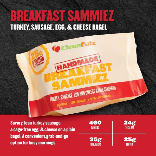 Breakfast Sammiez Turkey Sausage, Egg & Cheese Bagel — lean turkey sausage with cage-free egg and cheese on a plain bagel; 460 calories, 24g fat, 35g carbs, 25g protein.