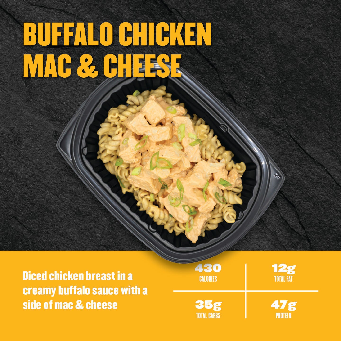 "Clean Eatz Kitchen Buffalo Chicken Mac & Cheese with diced chicken breast in creamy buffalo sauce and mac & cheese in a meal prep tray — 430 calories, 47g protein."