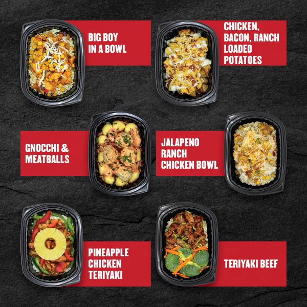 Clean Eatz Kitchen bowls — Big Boy in a Bowl, Chicken, Bacon, Ranch Loaded Potatoes, Gnocchi & Meatballs, Jalapeno Ranch Chicken Bowl, Pineapple Chicken Teriyaki, and Teriyaki Beef