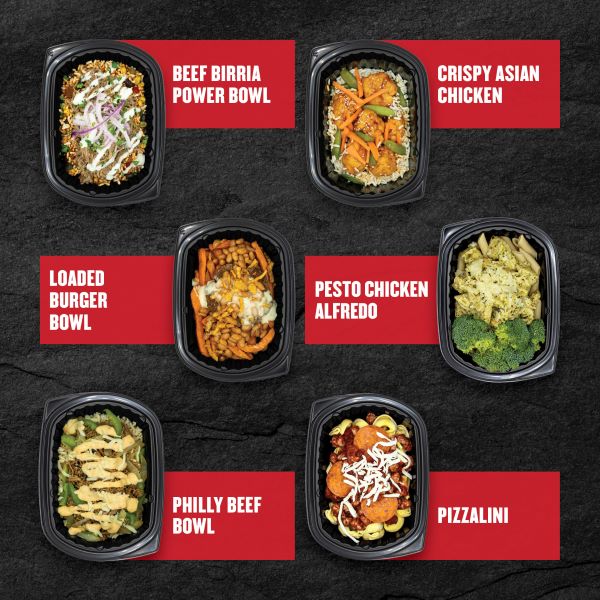 Clean Eatz Kitchen bowls — Beef Birria Power Bowl, Crispy Asian Chicken, Loaded Burger Bowl, Pesto Chicken Alfredo, Philly Beef Bowl, and Pizzalini