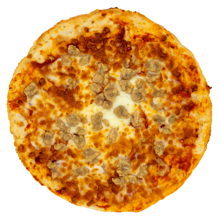 Pizza topped with chicken sausage, tomato sauce, and melted mozzarella cheese on a golden crust.