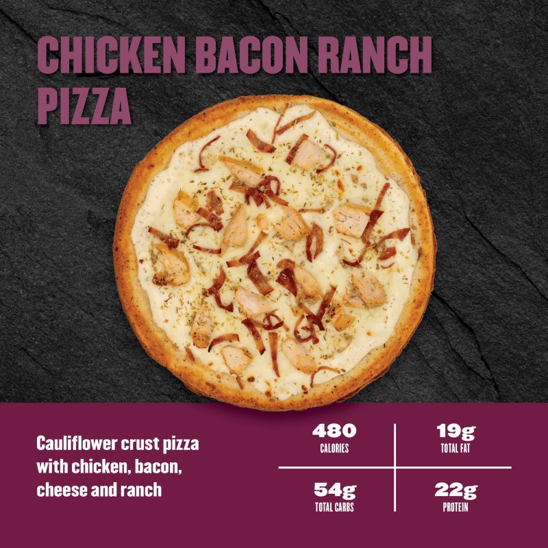 Chicken Bacon Ranch Pizza — Clean Eatz Kitchen cauliflower crust pizza with chicken, bacon, cheese, and ranch; 480 calories, 19g fat, 54g carbs, 22g protein.