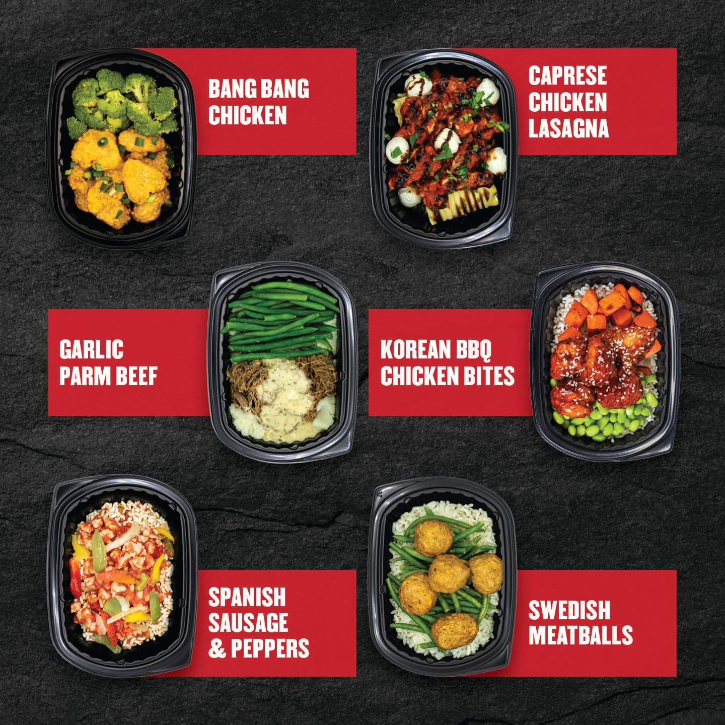 "Six Clean Eatz Kitchen Meal Prep Delivery Entrees — Clean Box B (Bang Bang Chicken, Caprese Chicken Lasagna, Garlic Parm Beef, Korean BBQ Chicken Bites, Spanish Sausage & Peppers, Swedish Meatballs)."