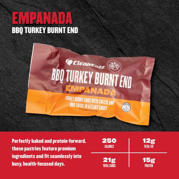 BBQ Turkey Burnt End Empanada — turkey burnt ends with cheese and BBQ sauce in a flaky crust; 250 calories, 12g fat, 21g carbs, 15g protein.