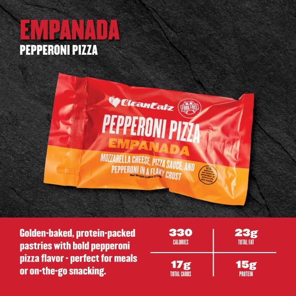 Pepperoni Pizza Empanada — mozzarella, pizza sauce, and pepperoni in a flaky crust; 330 calories, 23g fat, 17g carbs, 15g protein.