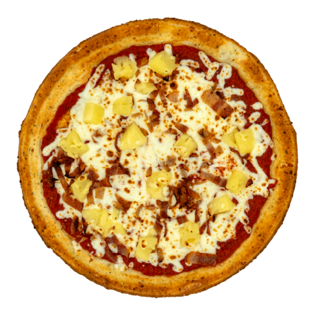 Pizza topped with tomato sauce, mozzarella cheese, bacon pieces, and pineapple chunks on a golden crust.