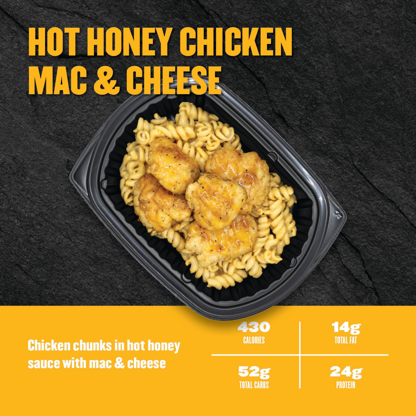"Clean Eatz Kitchen Hot Honey Chicken Mac & Cheese with chicken chunks in hot honey sauce over macaroni and cheese in a meal prep tray — 430 calories, 24g protein."