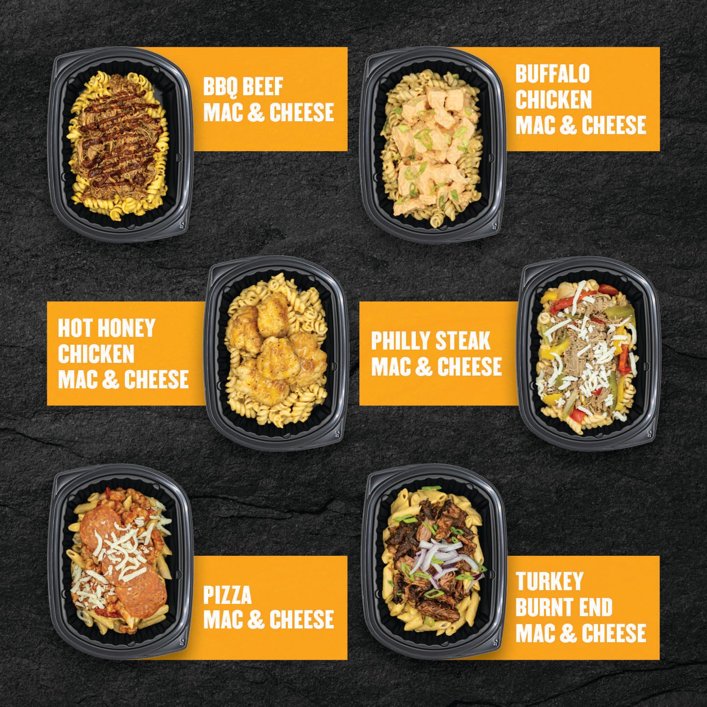 "Six Clean Eatz Kitchen Meal Prep Delivery Entrees — Mac & Cheese Box (BBQ Beef Mac & Cheese, Buffalo Chicken Mac & Cheese, Hot Honey Chicken Mac & Cheese, Philly Steak Mac & Cheese, Pizza Mac & Cheese, Turkey Burnt End Mac & Cheese)."