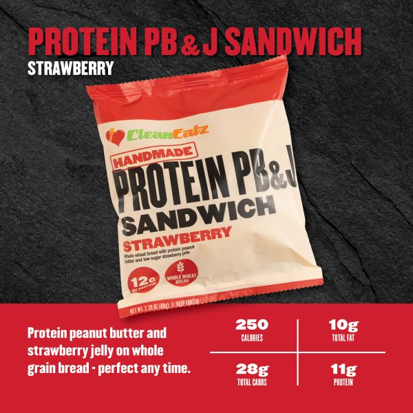 Protein PB&J Sandwich (Strawberry) — protein peanut butter and strawberry jelly on whole-grain bread; 250 calories, 10g fat, 28g carbs, 11g protein.