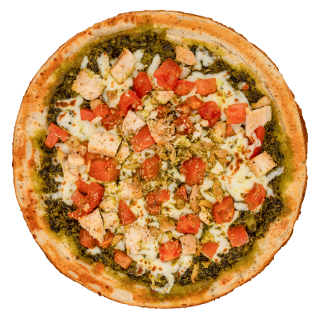 Pesto chicken margherita-style pizza topped with grilled chicken, diced tomatoes, and melted mozzarella on a golden crust.