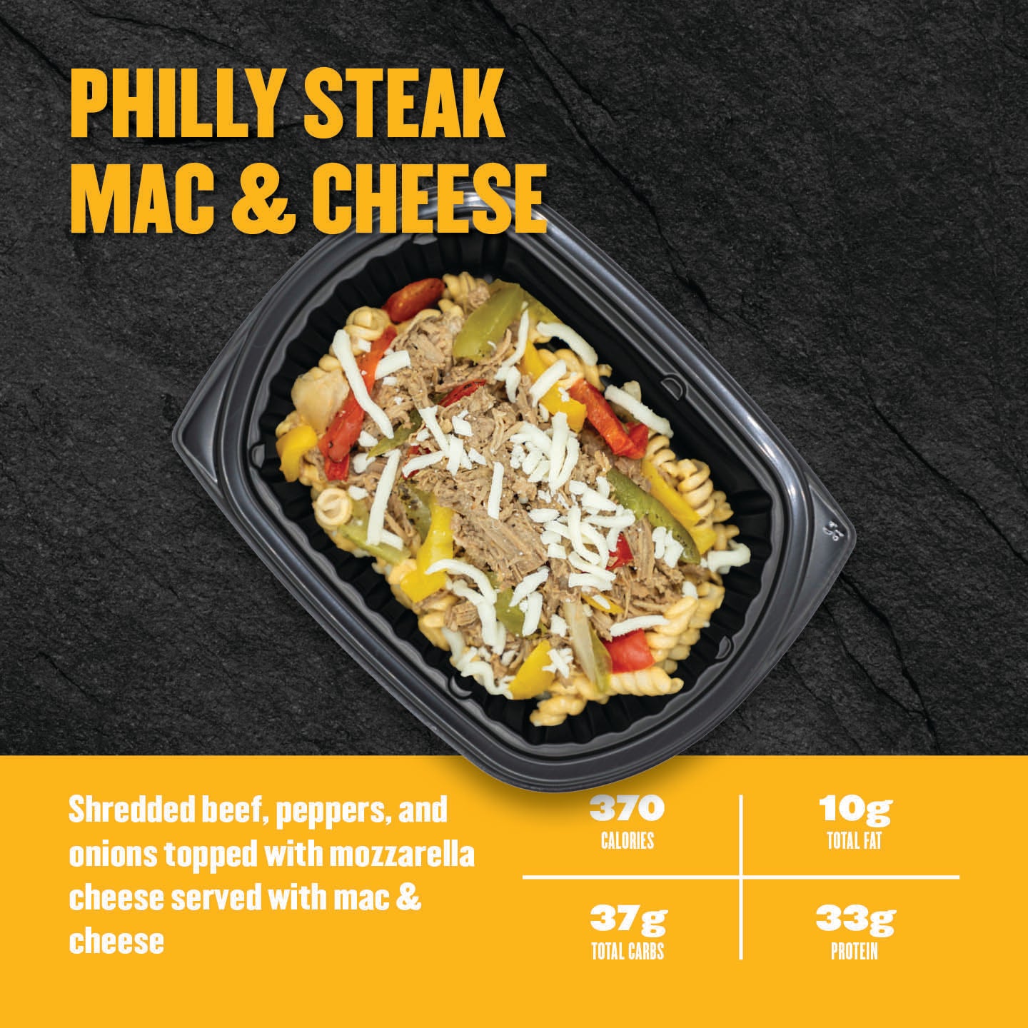 "Clean Eatz Kitchen Philly Steak Mac & Cheese with shredded beef, peppers, onions, and mozzarella over macaroni and cheese in a meal prep tray — 370 calories, 33g protein."