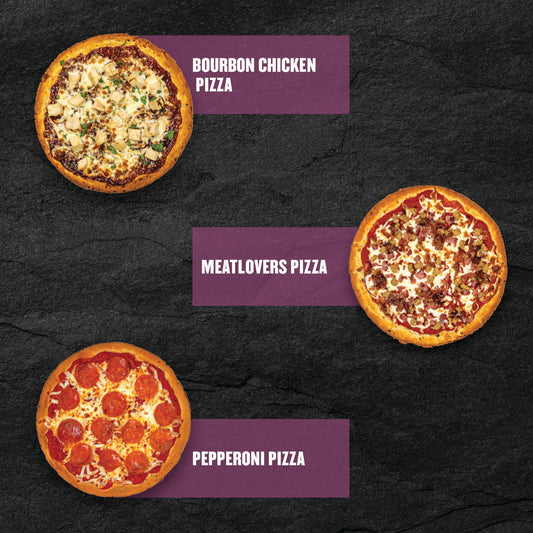 "Three Clean Eatz Kitchen Pizzas (Bourbon Chicken, Meatlovers, Pepperoni)."