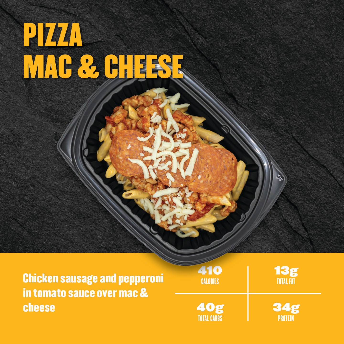 "Clean Eatz Kitchen Pizza Mac & Cheese with chicken sausage and pepperoni in tomato sauce over macaroni and cheese in a meal prep tray — 410 calories, 34g protein."