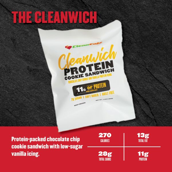 The Cleanwich — protein cookie sandwich with chocolate chip cookies and low-sugar vanilla icing; 270 calories, 13g fat, 28g carbs, 11g protein.