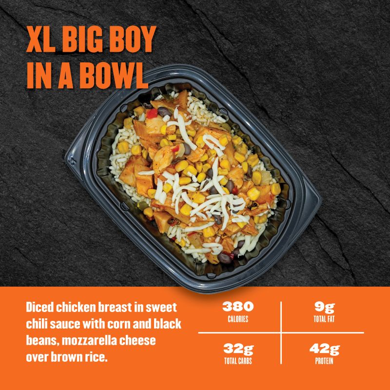 Diced chicken breast in sweet chili sauce with corn, black beans, and mozzarella cheese over brown rice; 380 calories, 9g fat, 32g carbs, 42g protein.