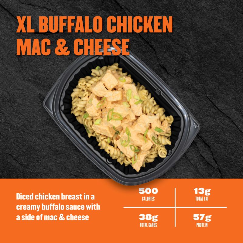 XL Buffalo Chicken Mac & Cheese — Clean Eatz Kitchen diced chicken breast in creamy buffalo sauce with a side of mac and cheese; 500 calories, 13g fat, 38g carbs, 57g protein.