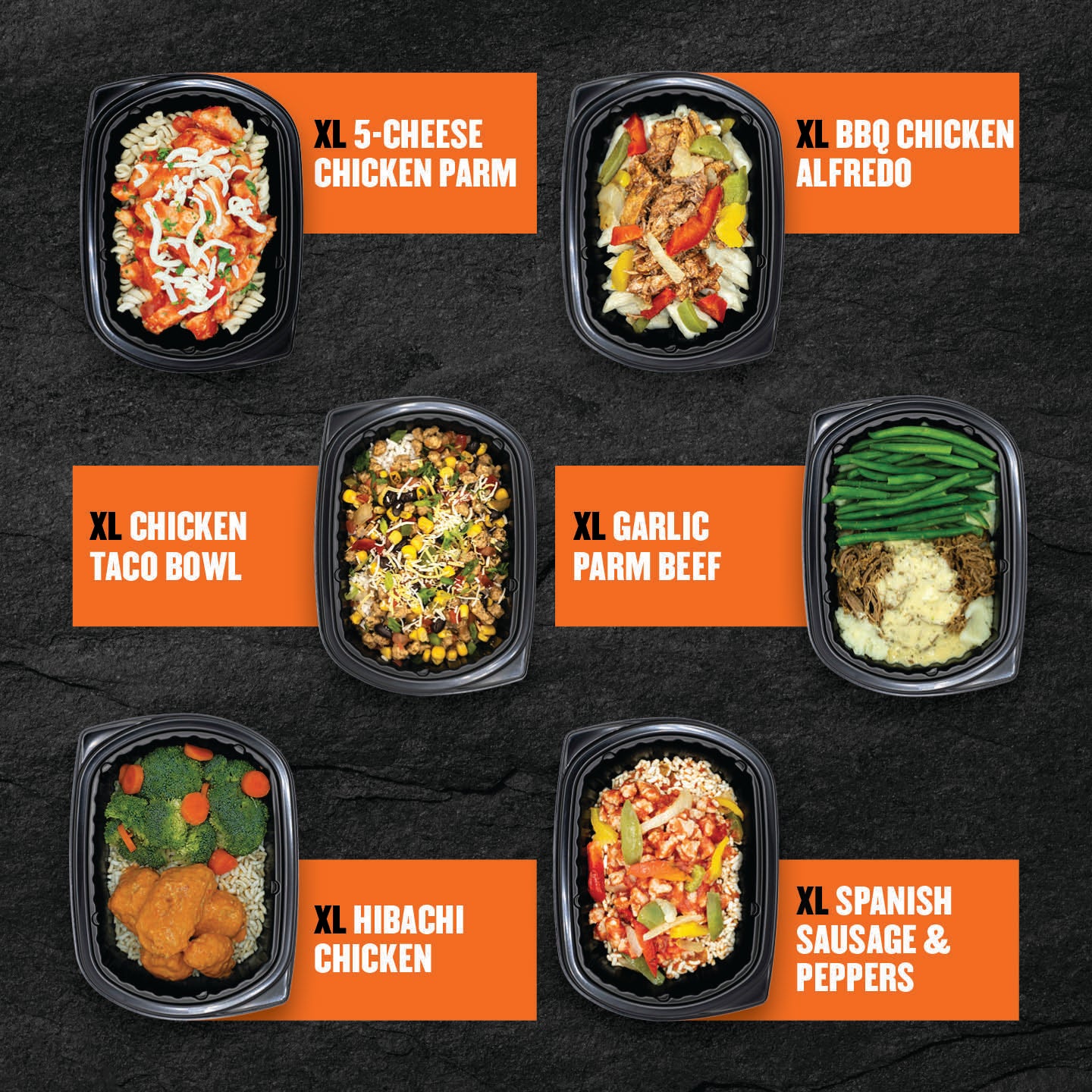 "Six Clean Eatz Kitchen Meal Prep Delivery Entrees — XL Menu (XL 5-Cheese Chicken Parm, XL BBQ Chicken Alfredo, XL Chicken Taco Bowl, XL Garlic Parm Beef, XL Hibachi Chicken, XL Spanish Sausage & Peppers)."