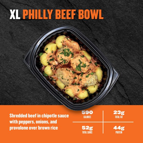 XL Philly Beef Bowl — Clean Eatz Kitchen shredded beef in chipotle sauce with peppers, onions, and provolone cheese over brown rice; 590 calories, 23g fat, 52g carbs, 44g protein.