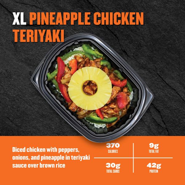 XL Pineapple Chicken Teriyaki — Clean Eatz Kitchen diced chicken with peppers, onions, and pineapple in teriyaki sauce over brown rice; 370 calories, 9g fat, 30g carbs, 42g protein.