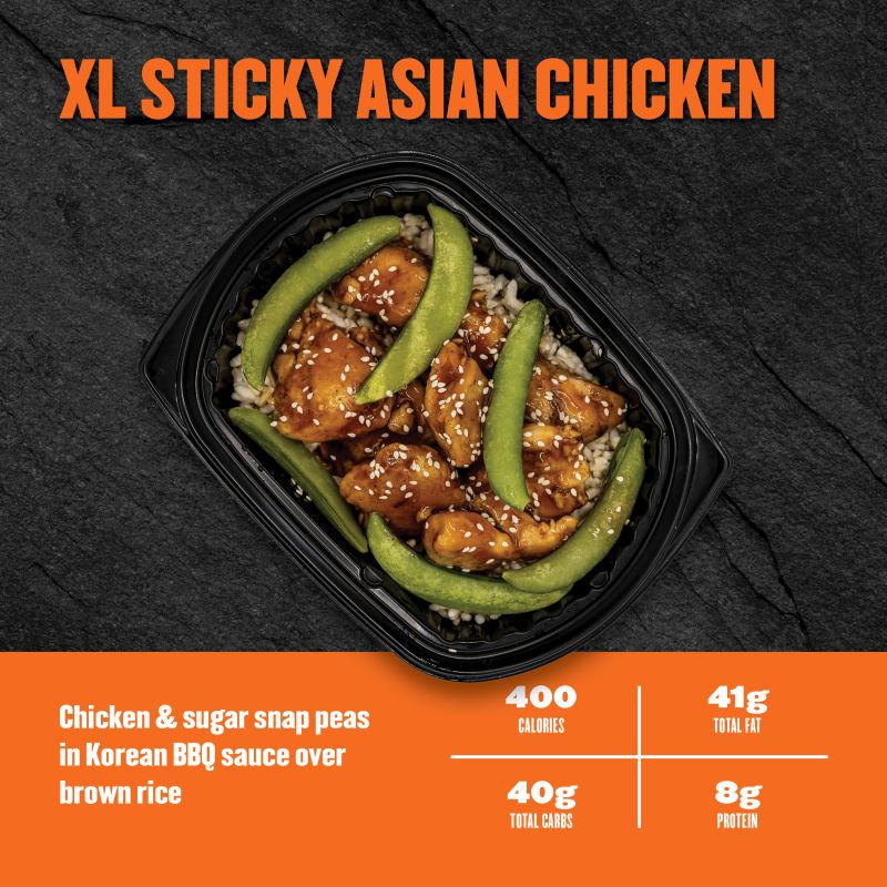 chicken and sugar snap peas in Korean BBQ sauce over brown rice. Nutrition: 400 calories, 41g fat, 40g carbs, 8g protein.