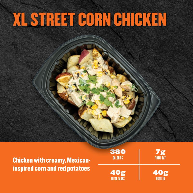 XL Street Corn Chicken — Clean Eatz Kitchen chicken with creamy Mexican-inspired corn and red potatoes; 380 calories, 7g fat, 40g carbs, 40g protein.