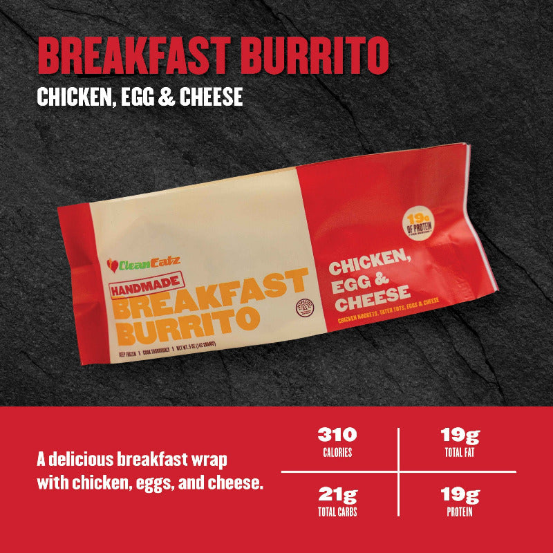 A Clean Eatz Kitchen ‘Handmade Breakfast Burrito’ package labeled Chicken, Egg & Cheese on a dark textured background with a red nutrition panel.