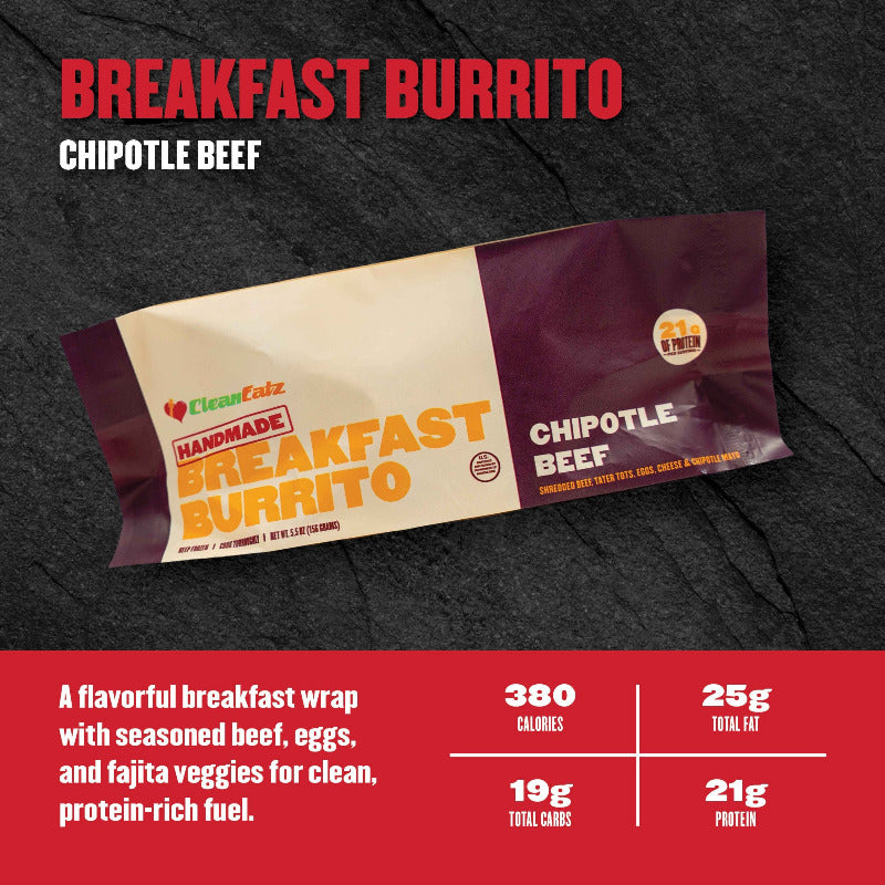 A Clean Eatz Kitchen ‘Handmade Breakfast Burrito’ package labeled Chipotle Beef on a dark textured background with a red nutrition panel.