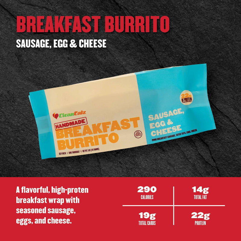 A Clean Eatz Kitchen ‘Handmade Breakfast Burrito’ package labeled Sausage, Egg & Cheese on a dark textured background with a red nutrition panel.