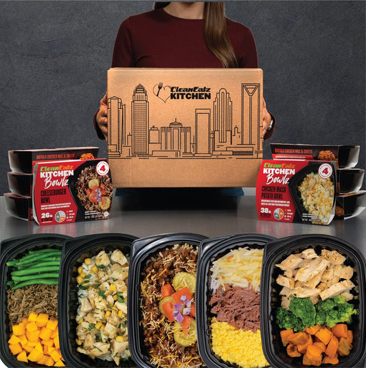 Clean Eatz Kitchen Gluten-Free Meal Plan — person holding branded box with a variety of gluten-free prepared bowls and sides arranged in front.